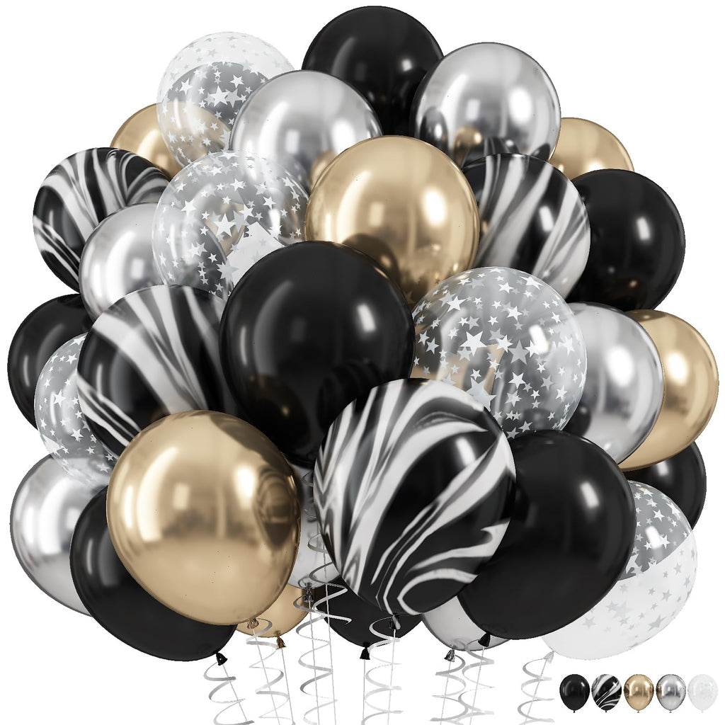 Hilavo Black Gold Silver Balloon Set – 12in Latex Balloons with Marble Black, Chrome Gold, Silver & Clear Star Print
