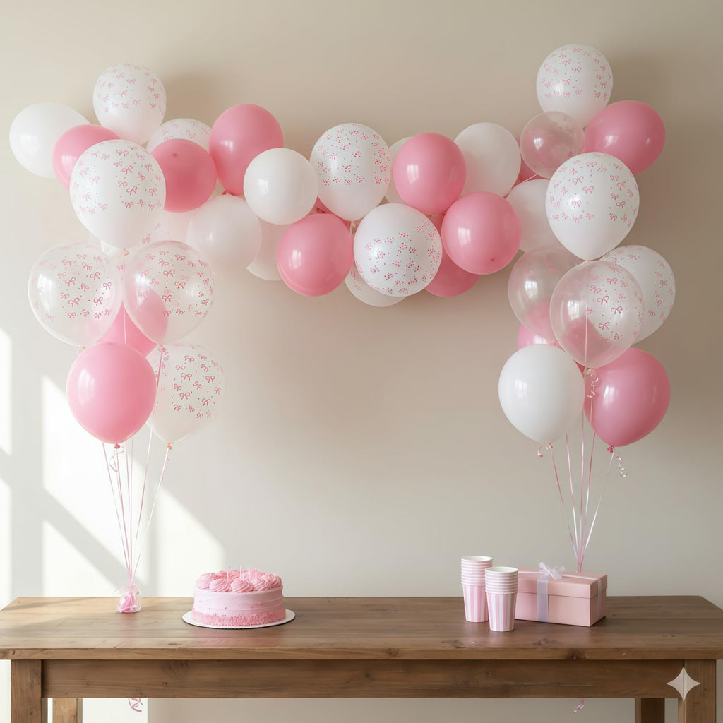 HILAVO Pink Bow Balloons – 12 Inch Pastel Pink with White & Transparent Bow Prints