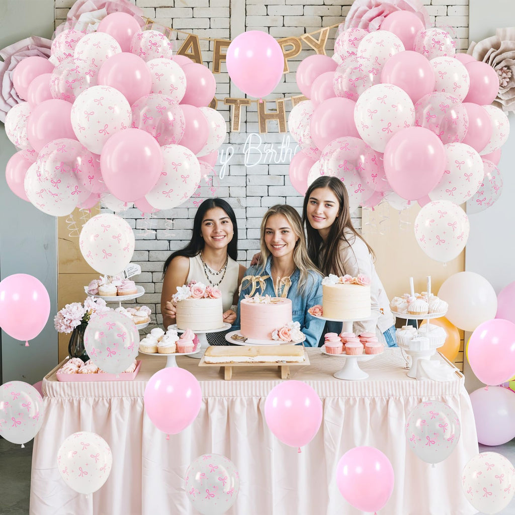 HILAVO Pink Bow Balloons – 12 Inch Pastel Pink with White & Transparent Bow Prints