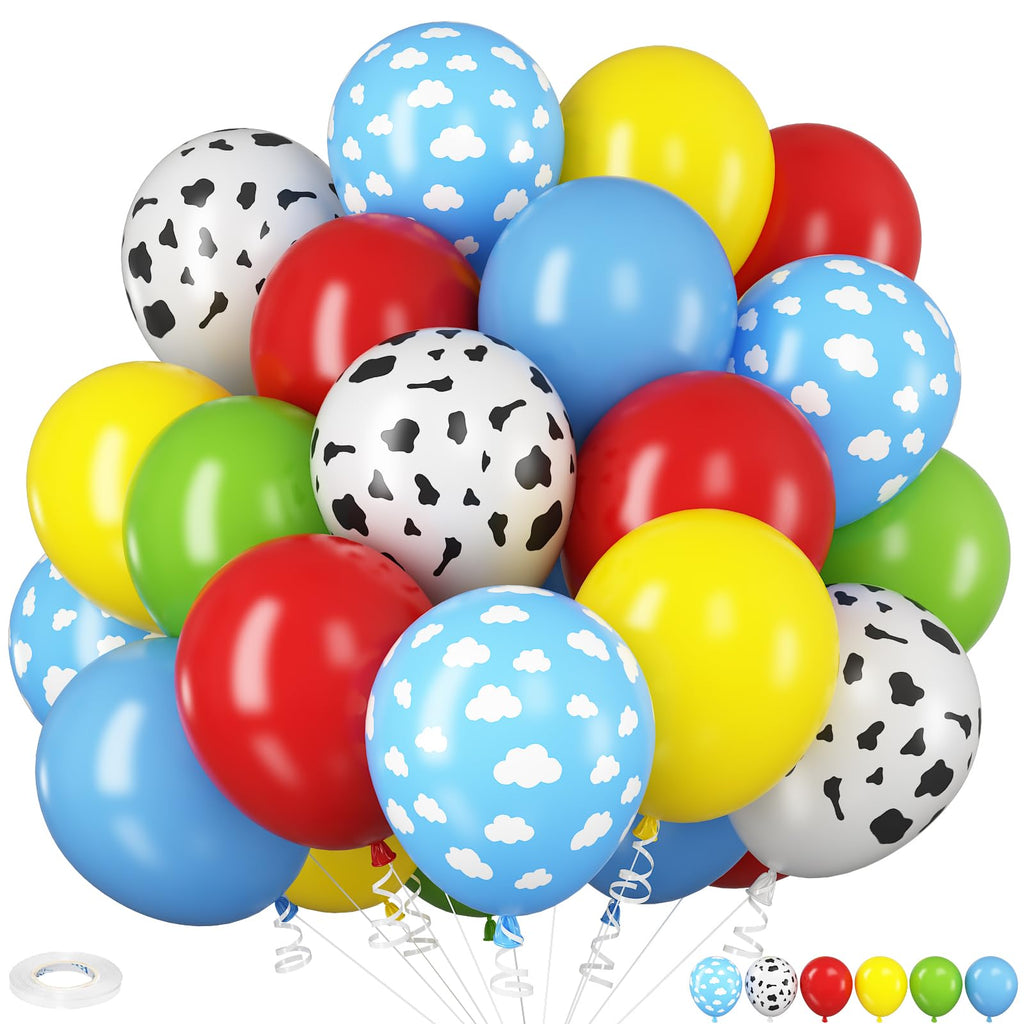 HILAVO Toy Inspired Story Balloons – 12in Cow Print Sky Blue Cloud Balloons for Kids