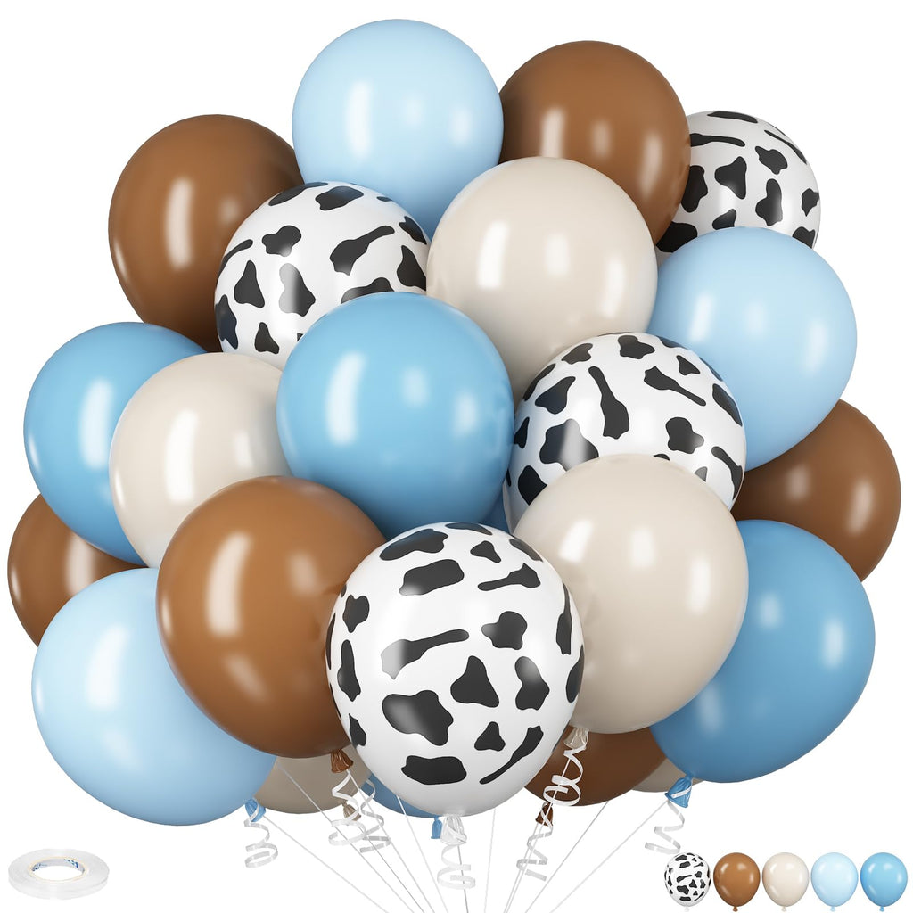 HILAVO Cow Print Balloons – 12 Inch Set in Light Blue, Brown, and Cow Sand for Western Party Decor