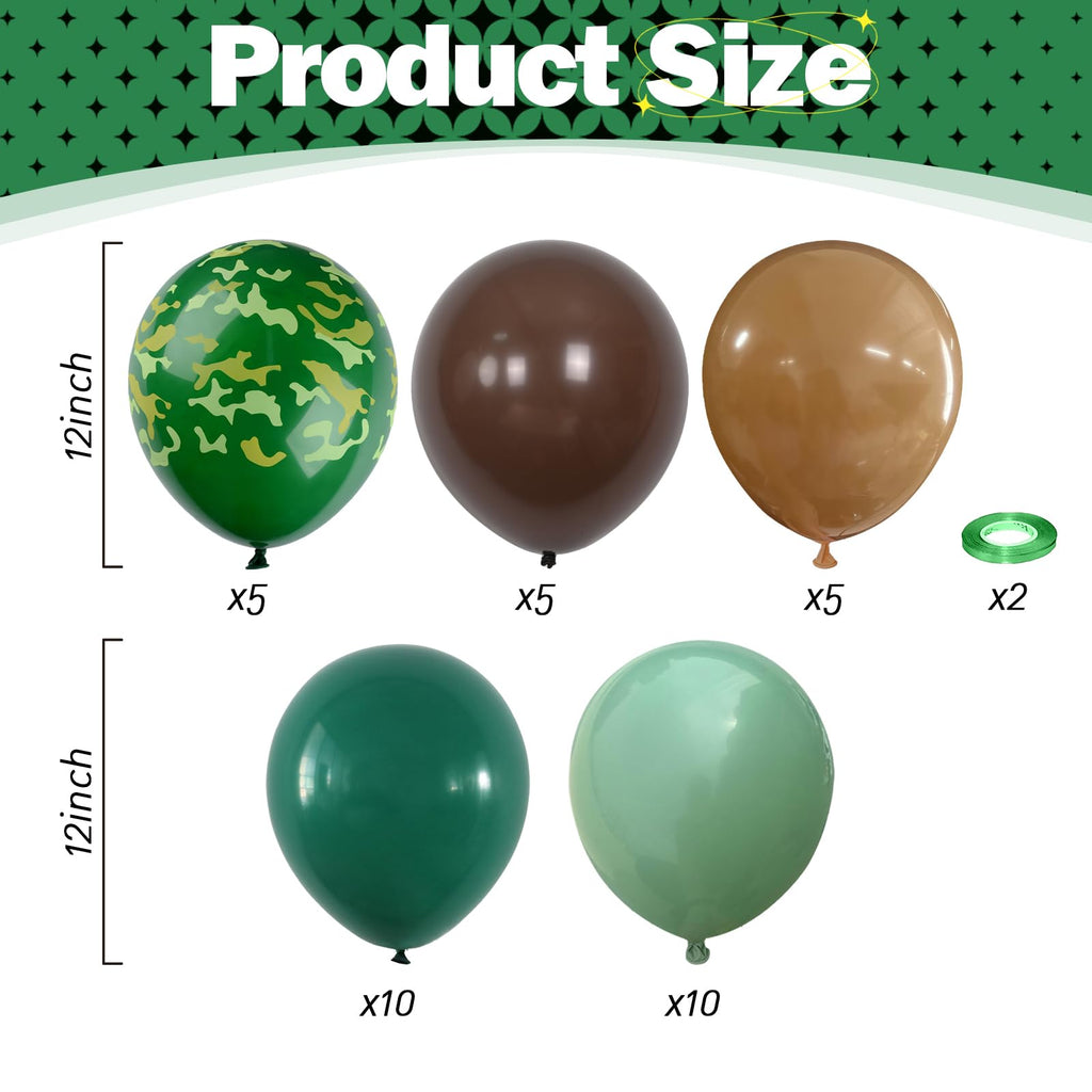 HILAVO Green & Brown Army Balloons Set — 12in Camouflage Latex Decor