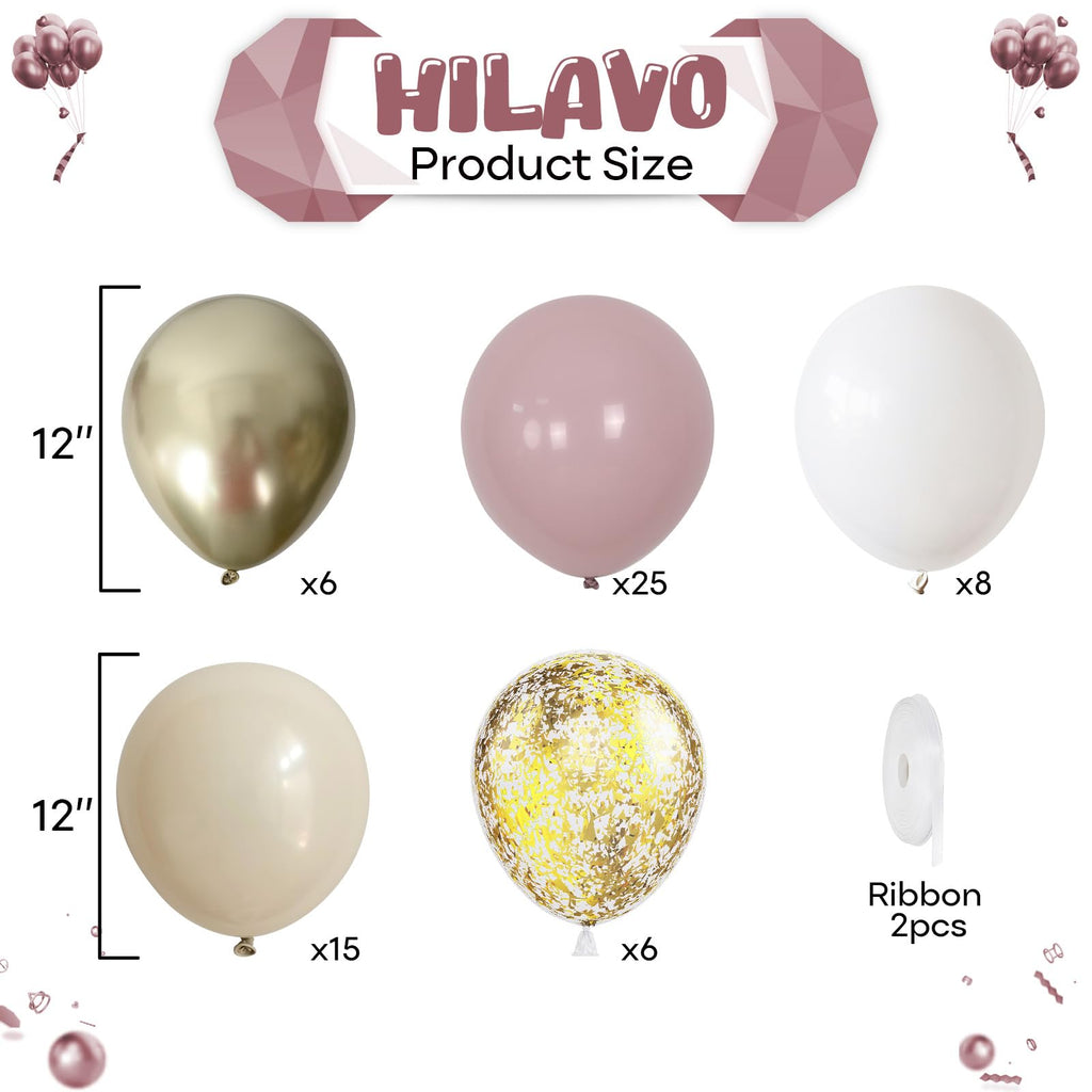 HILAVO Dusty Pink & Gold Balloons Set – 60pc Boho Latex Party Decor