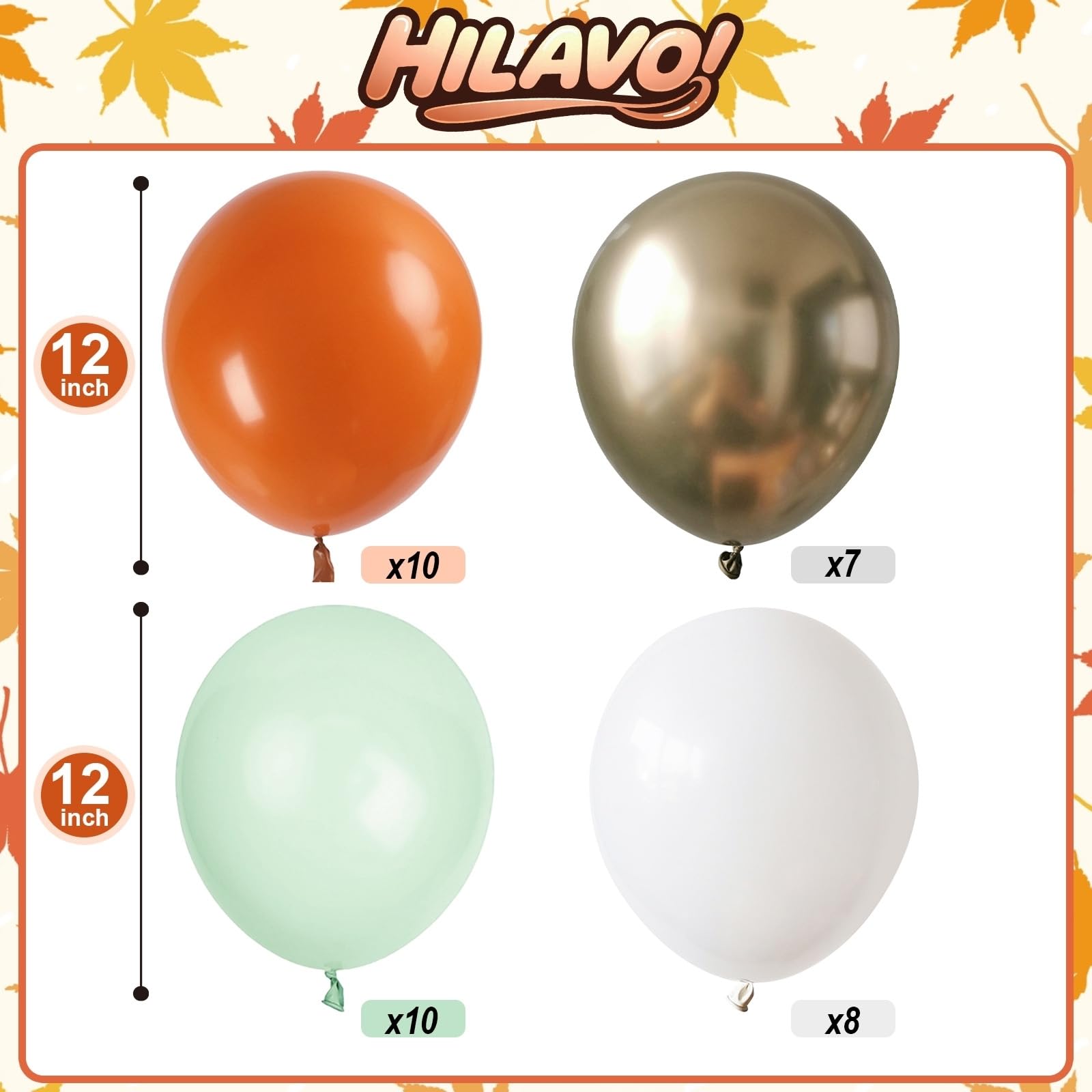 HILAVO Fall Balloons Set – 12in Latex Decor (Terracotta Rust, Dusty Green, Metallic Gold, White)