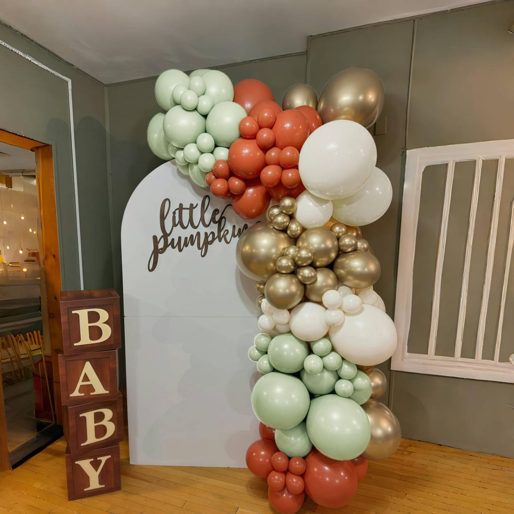 HILAVO Fall Balloons Set – 12in Latex Decor (Terracotta Rust, Dusty Green, Metallic Gold, White)