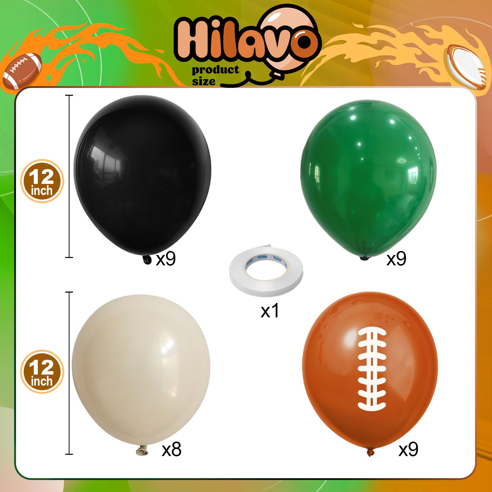 HILAVO Football Balloons - 12in Latex Party Balloons in Dark Green, Black, White Sand with Orange Print