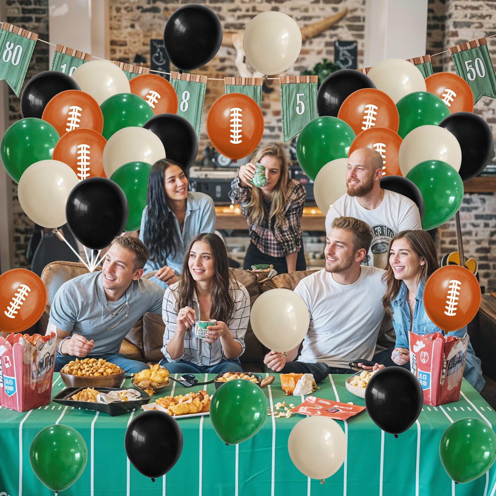 HILAVO Football Balloons - 12in Latex Party Balloons in Dark Green, Black, White Sand with Orange Print