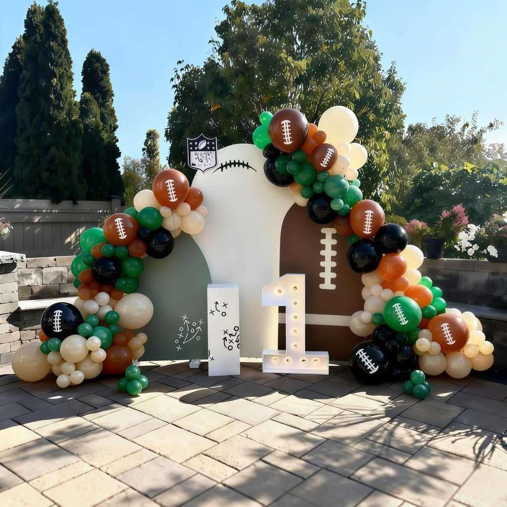 HILAVO Football Balloons - 12in Latex Party Balloons in Dark Green, Black, White Sand with Orange Print