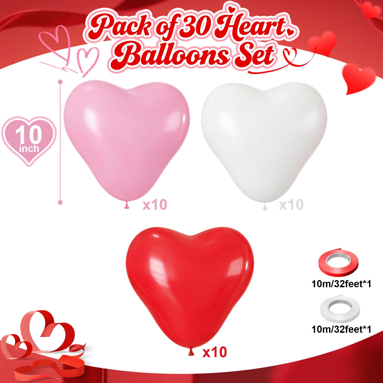 Hilavo Heart Balloons Set – Red Pink White Latex Heart Balloons 10 Inch (30 Count)