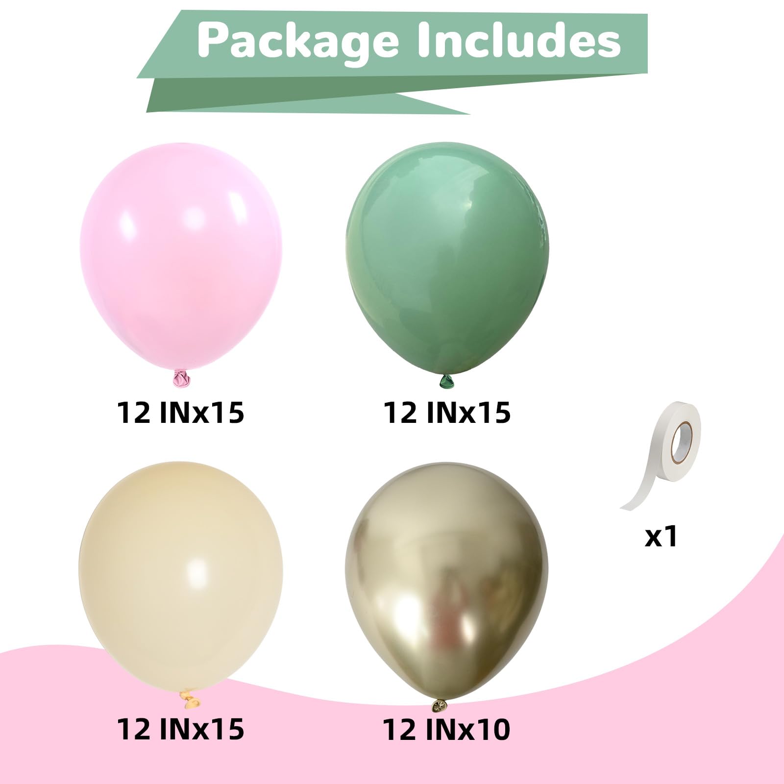 HILAVO Sage Green Pink Balloons 12in 389 Ivory & Gold Latex Party Decor