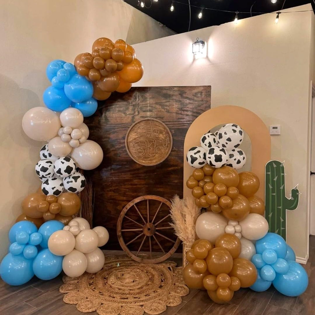 HILAVO Cow Print Balloons – 12 Inch Set in Light Blue, Brown, and Cow Sand for Western Party Decor