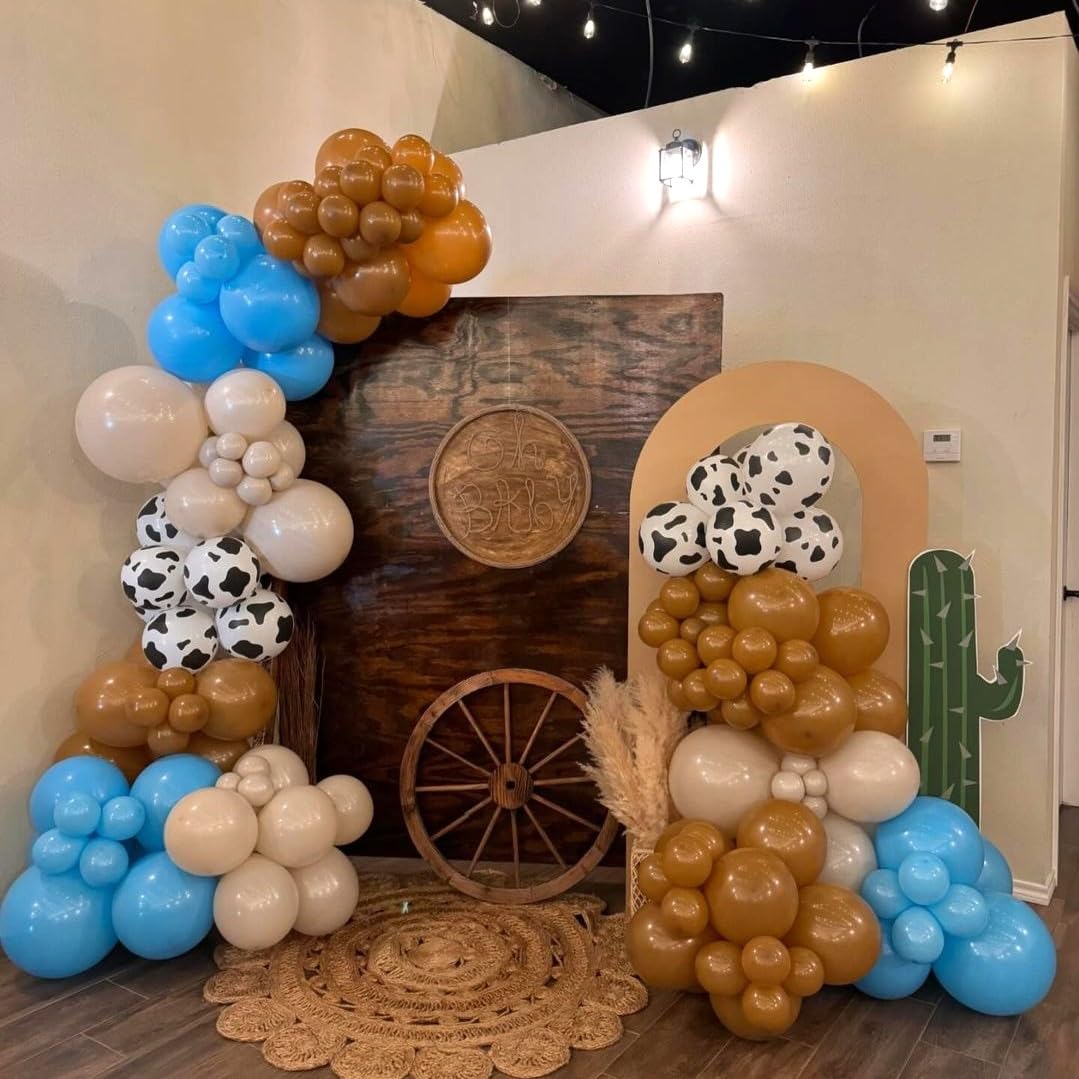 HILAVO Cow Print Balloons – 12 Inch Set in Light Blue, Brown, and Cow Sand for Western Party Decor