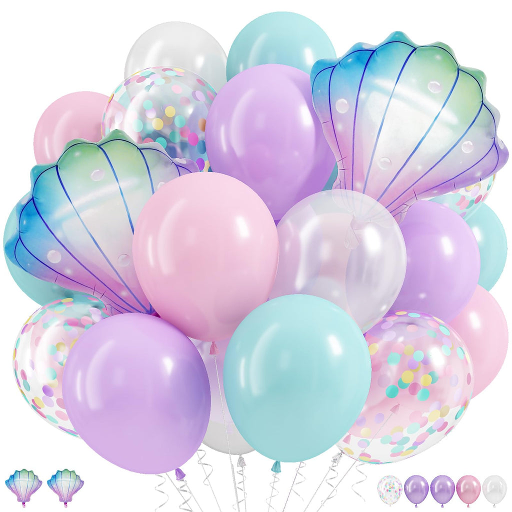 Hilavo Mermaid Balloons Set – Pastel Pink, Lilac, Teal & Pearl White with Seashell Foil for Ocean Party Decor