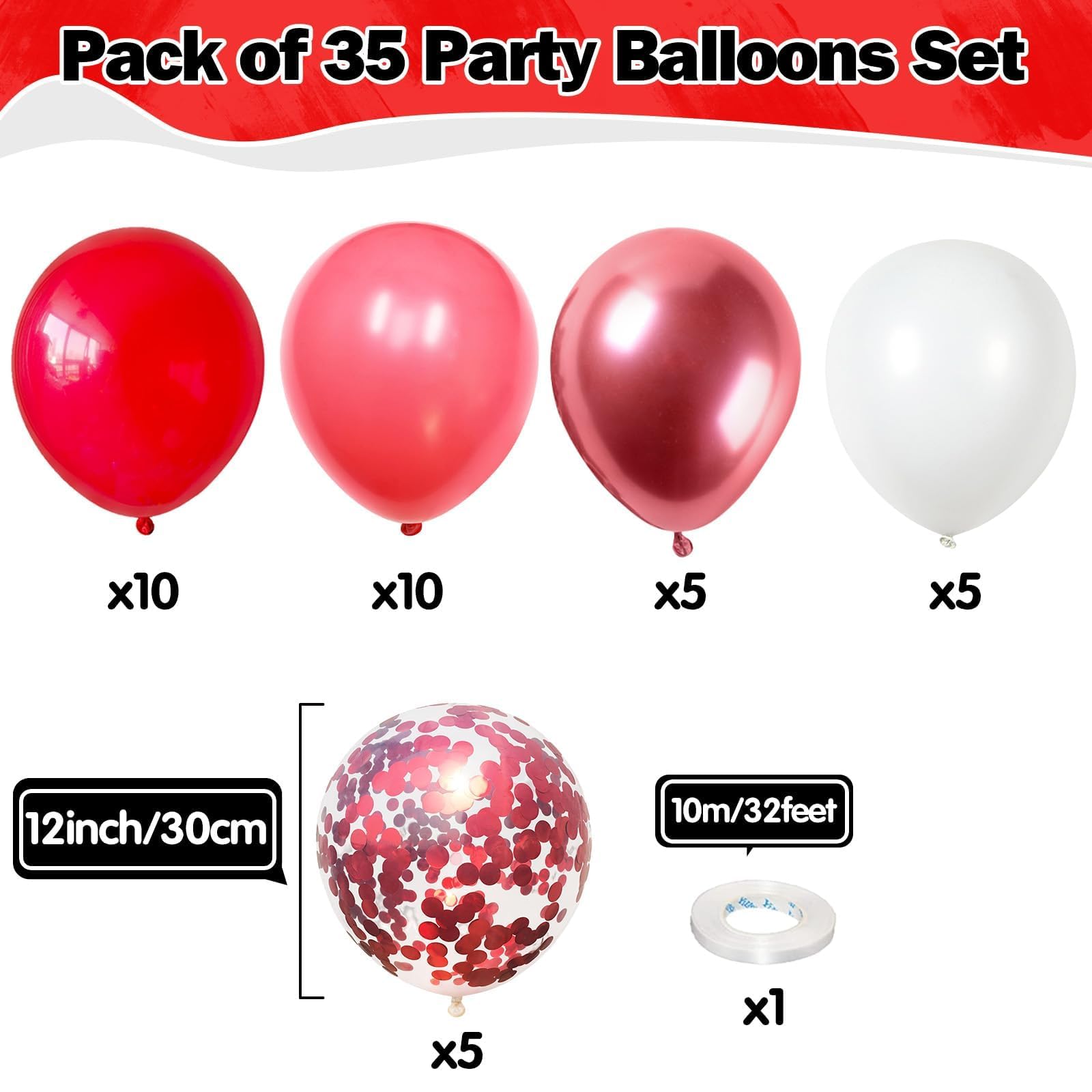 Hilavo Red Balloons Set – 35pcs, 12-inch, Metallic & Confetti for Weddings & Parties