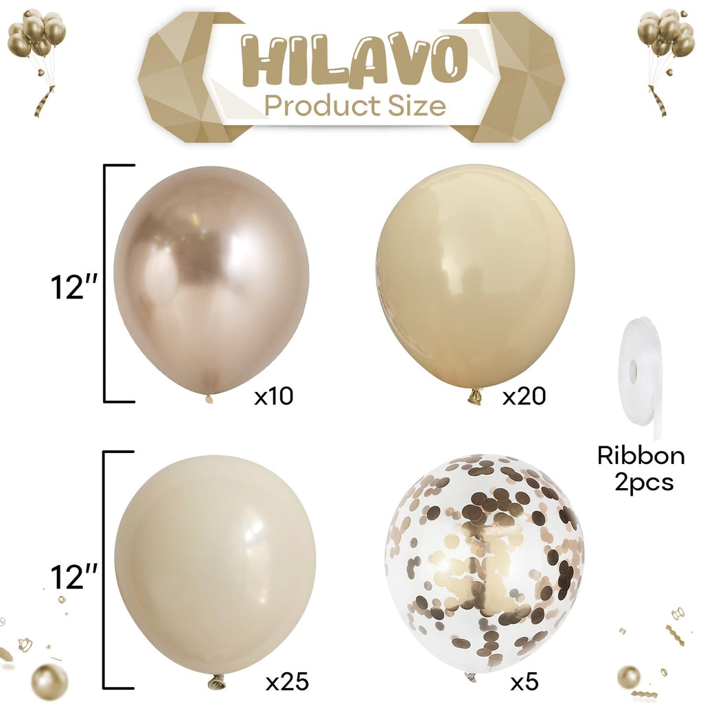 Hilavo Beige & Champagne Gold Balloon Set – 60 Pcs, 12-Inch Nude Cream & Confetti Latex Balloons for Parties