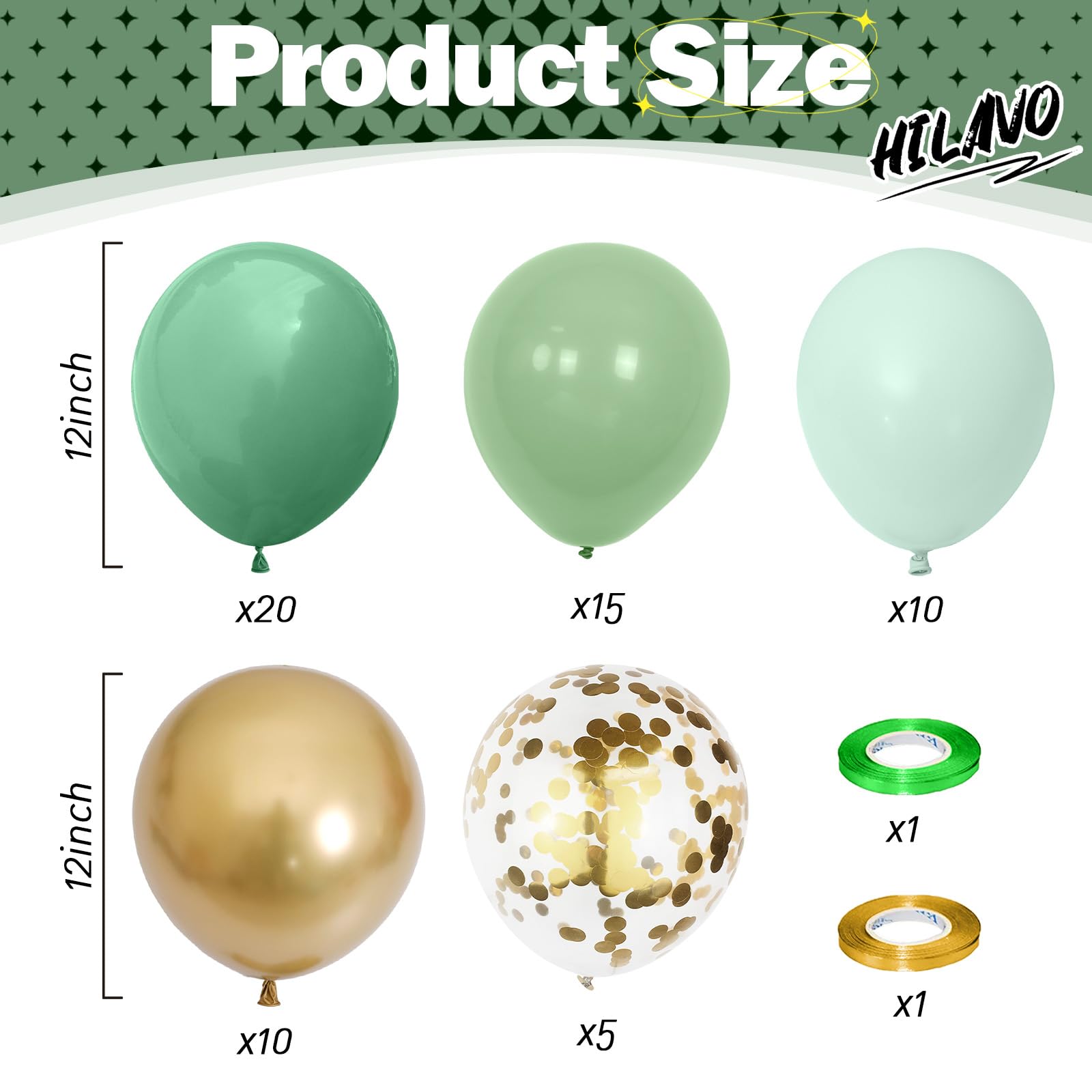 HILAVO Sage Green Balloons Set – 60Pcs 12inch Latex Balloons with Gold Confetti for Jungle Safari and Baby Shower