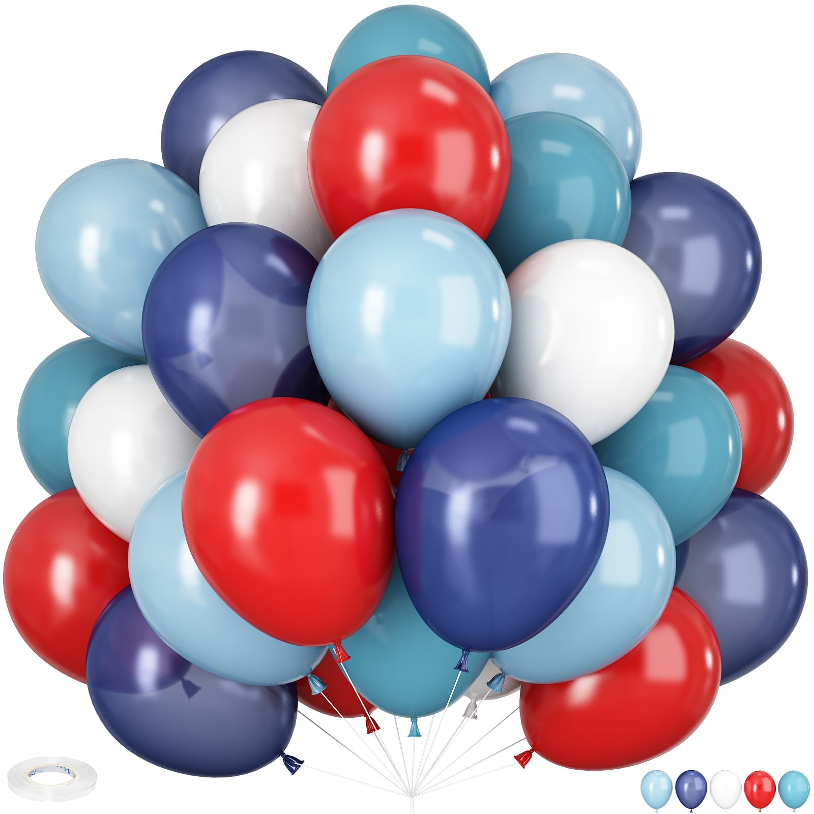 HILAVO 60-Pack Red Blue White Balloons - 12in Navy, Light Blue & White for Baseball & Patriotic Parties