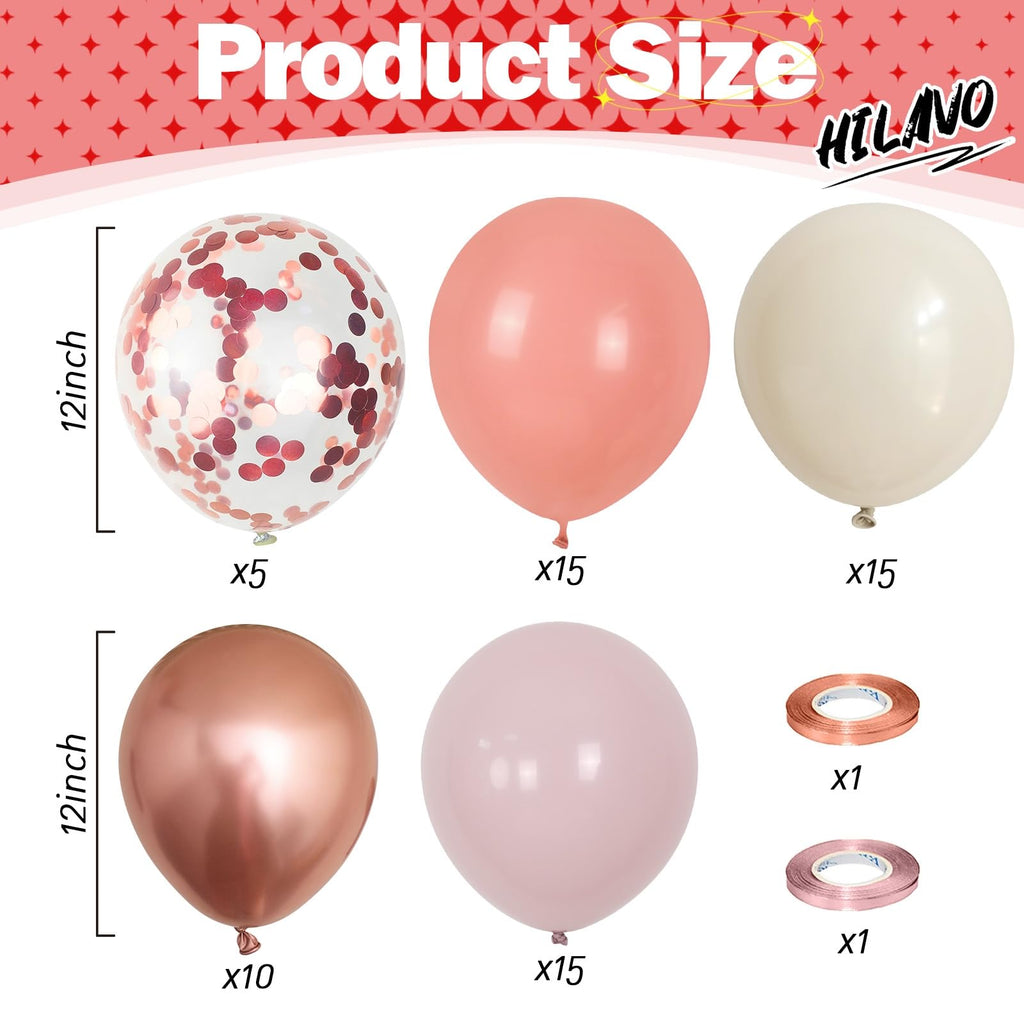 HILAVO Dusty Pink Balloon Set – 60Pcs 12 Inch Latex Balloons with Rose Gold Confetti