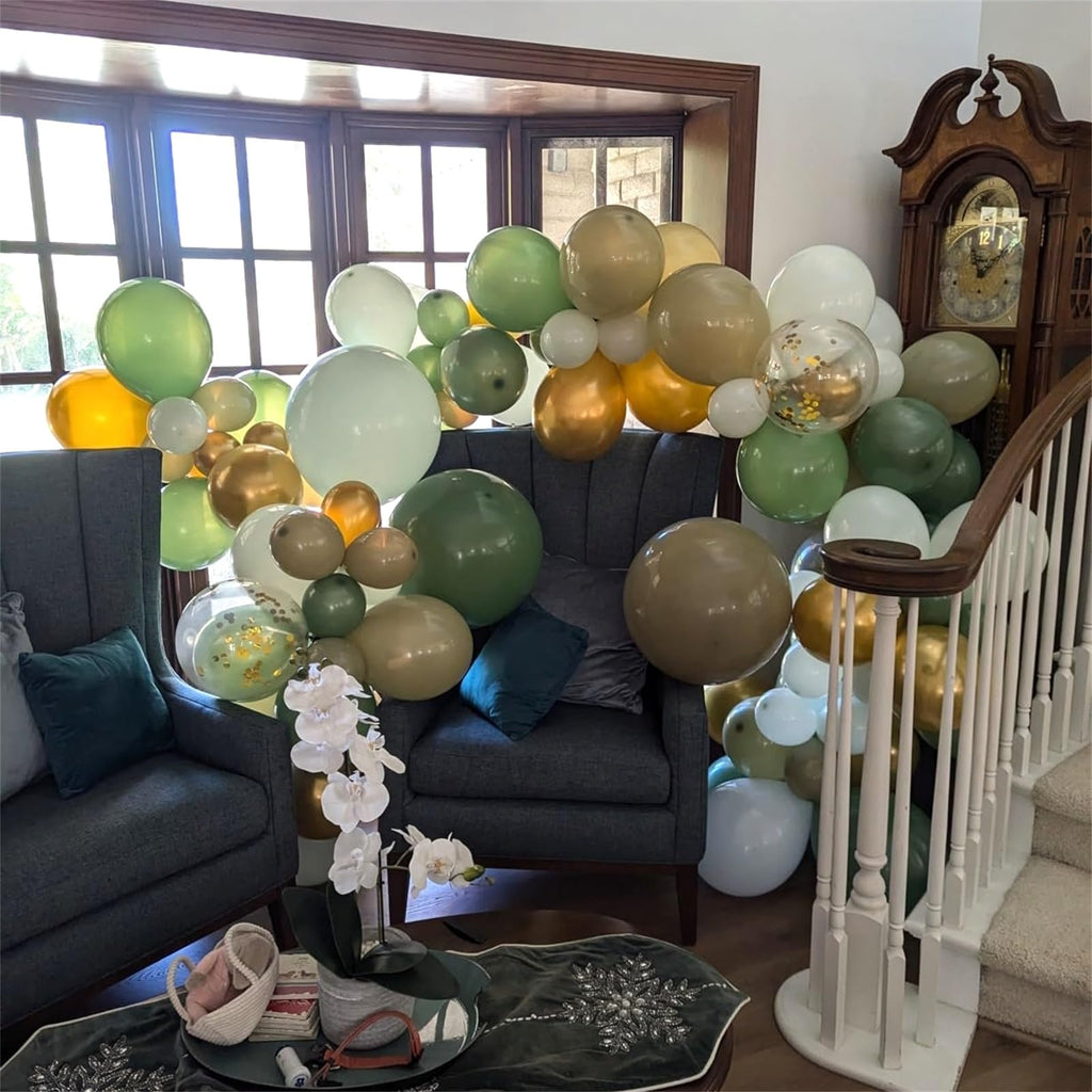 HILAVO Sage Green Balloons Set – 60Pcs 12inch Latex Balloons with Gold Confetti for Jungle Safari and Baby Shower