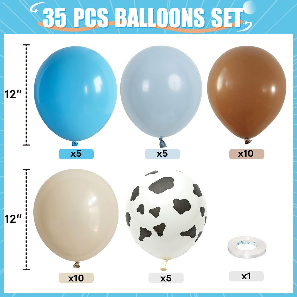 HILAVO Cow Print Balloons – 12 Inch Set in Light Blue, Brown, and Cow Sand for Western Party Decor