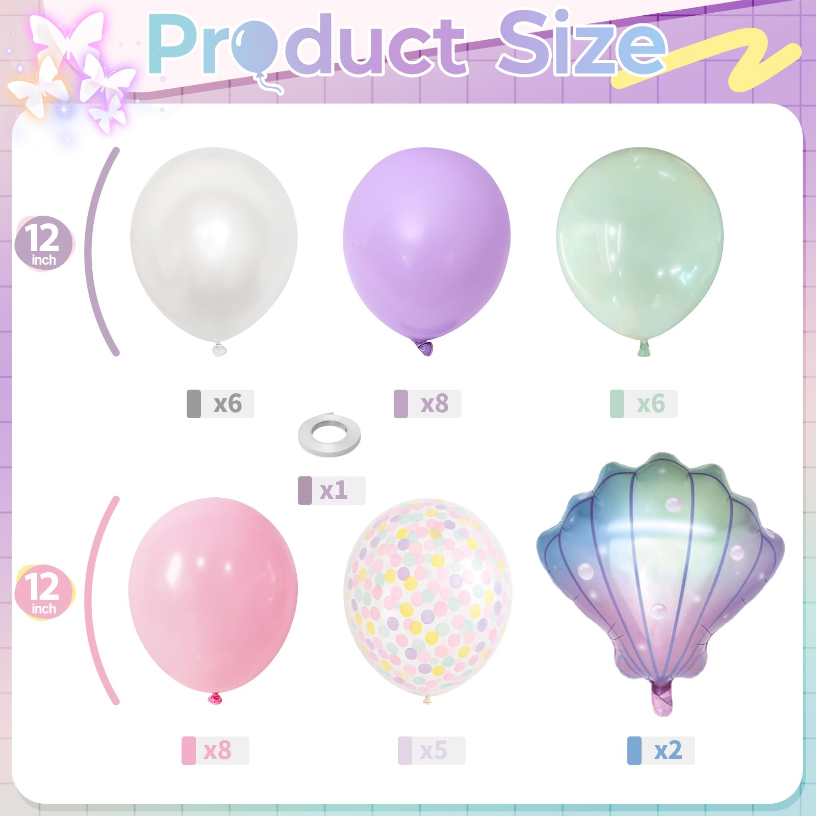 Hilavo Mermaid Balloons Set – Pastel Pink, Lilac, Teal & Pearl White with Seashell Foil for Ocean Party Decor