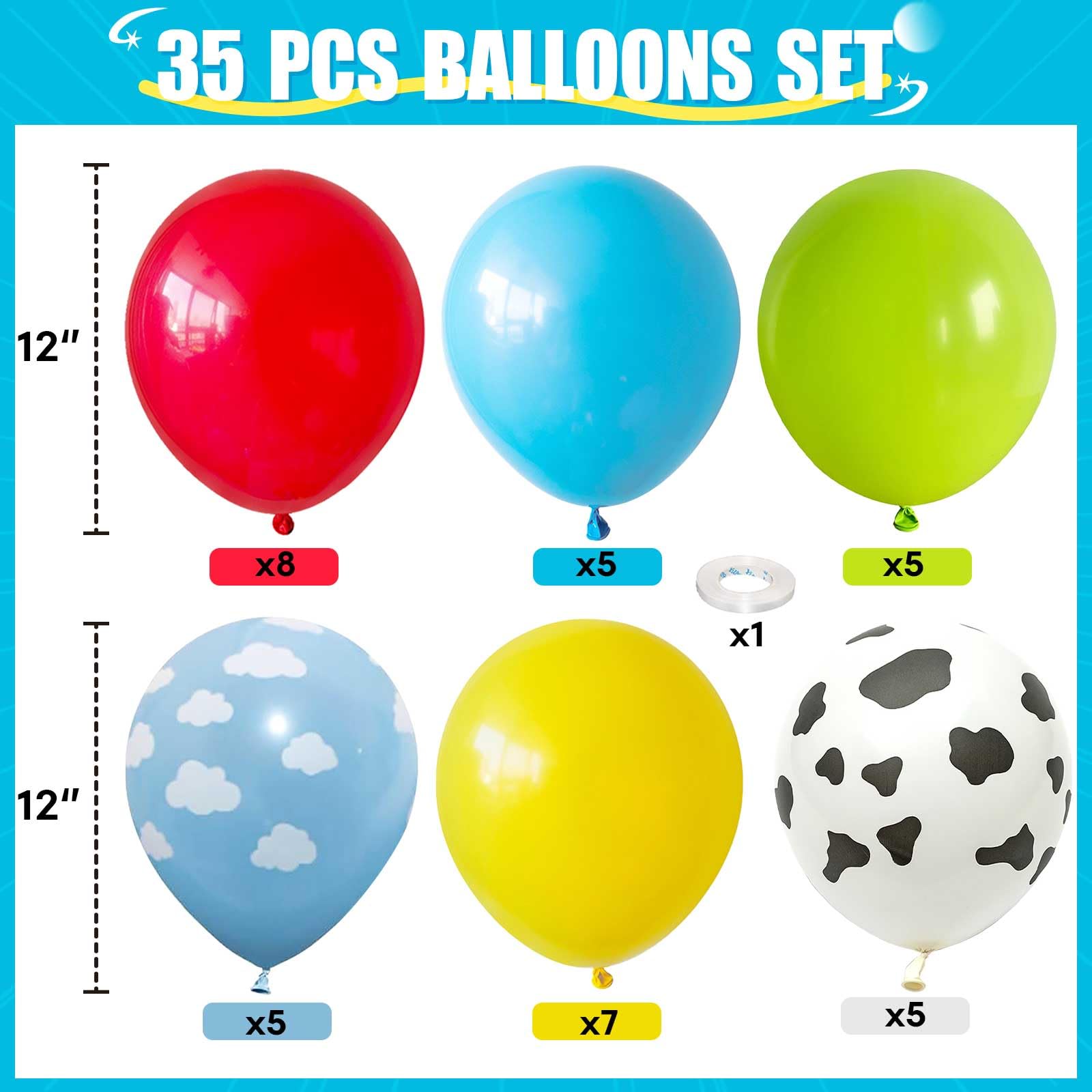 HILAVO Toy Inspired Story Balloons – 12in Cow Print Sky Blue Cloud Balloons for Kids