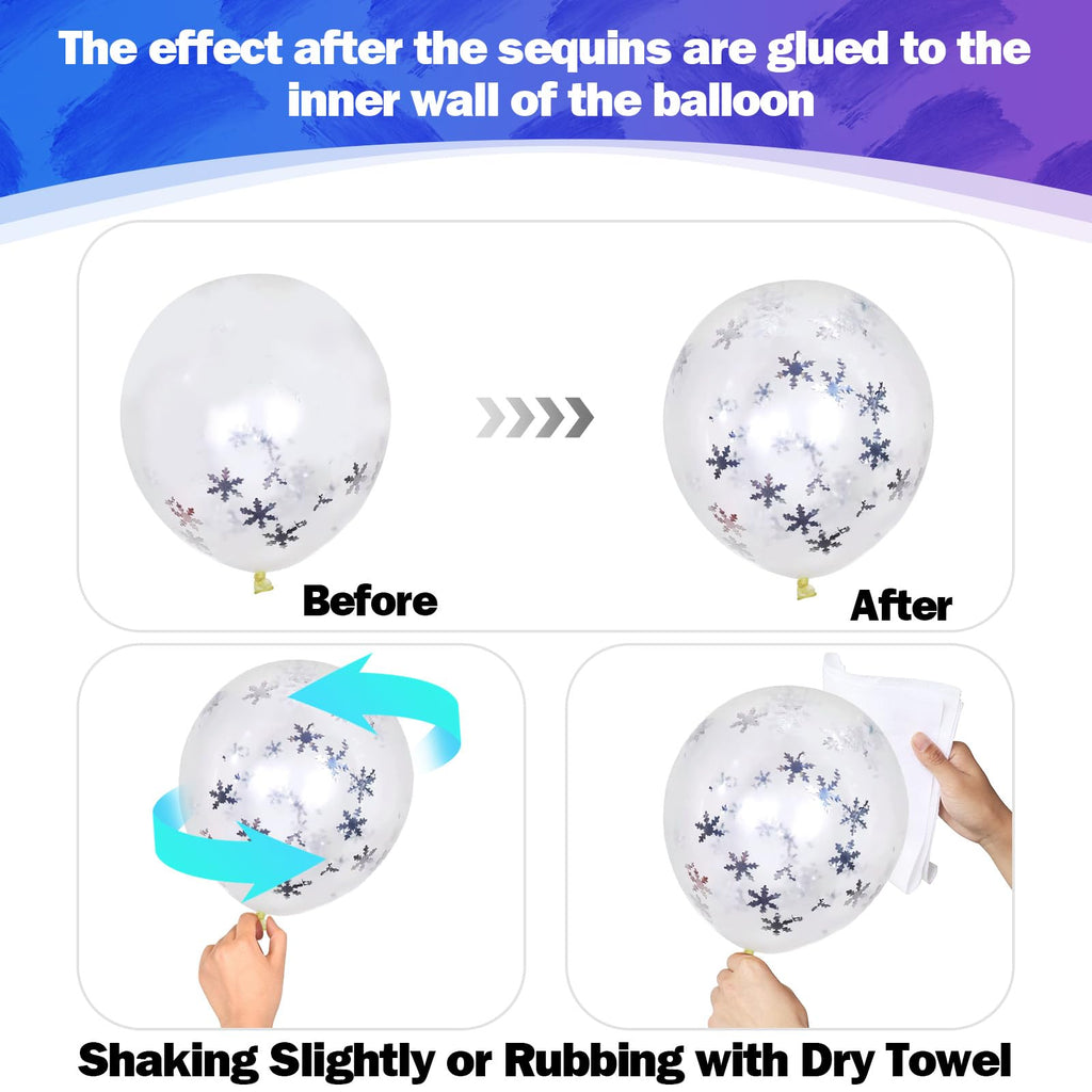 HILAVO Snowflake Balloons Set – 60 Pcs, 12in Pastel Blue & Light Purple with Metallic Silver and Snowflake Confetti