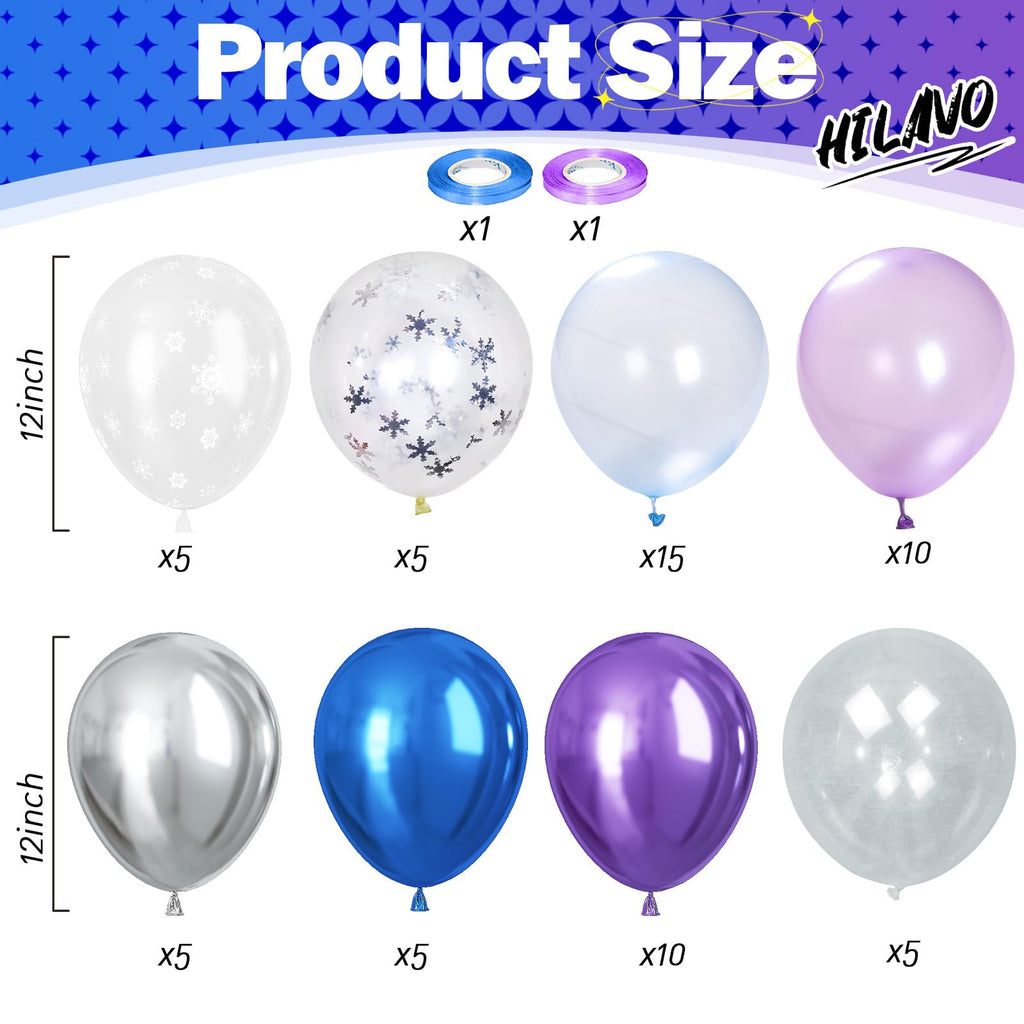HILAVO Snowflake Balloons Set – 60 Pcs, 12in Pastel Blue & Light Purple with Metallic Silver and Snowflake Confetti