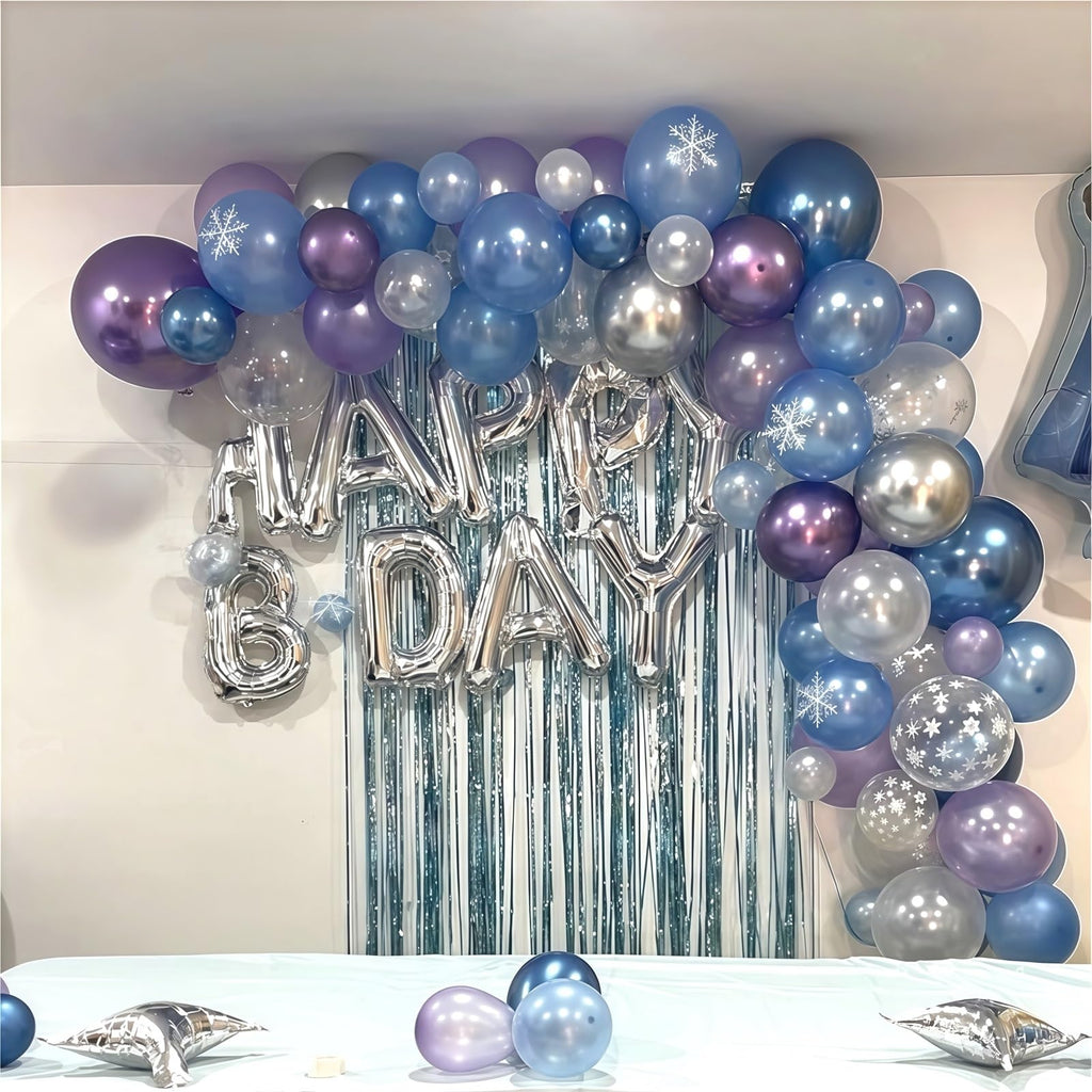 HILAVO Snowflake Balloons Set – 60 Pcs, 12in Pastel Blue & Light Purple with Metallic Silver and Snowflake Confetti