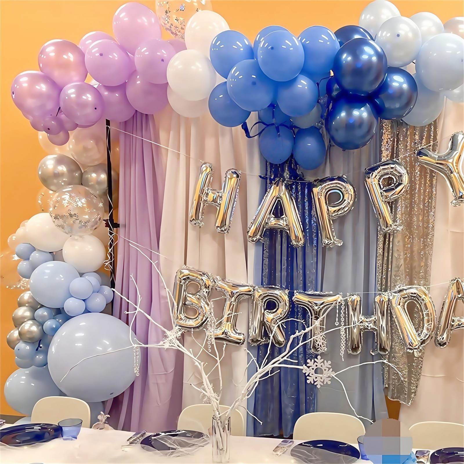 HILAVO Snowflake Balloons Set – 60 Pcs, 12in Pastel Blue & Light Purple with Metallic Silver and Snowflake Confetti