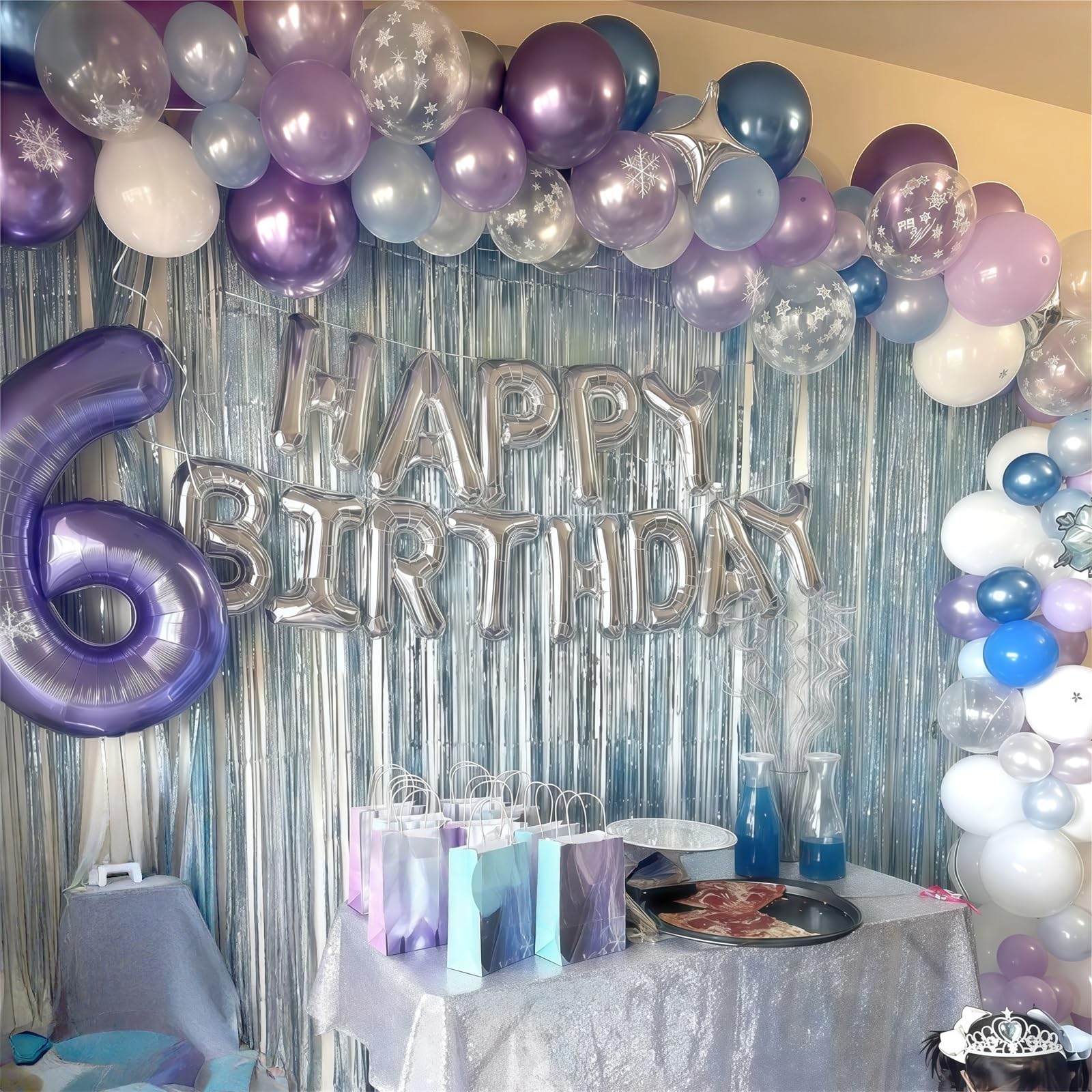 HILAVO Snowflake Balloons Set – 60 Pcs, 12in Pastel Blue & Light Purple with Metallic Silver and Snowflake Confetti