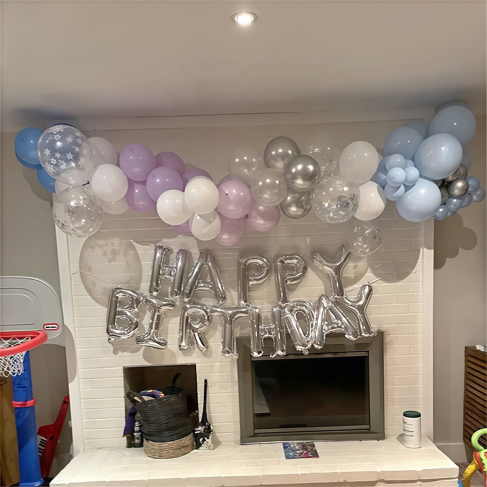 HILAVO Snowflake Balloons Set – 60 Pcs, 12in Pastel Blue & Light Purple with Metallic Silver and Snowflake Confetti