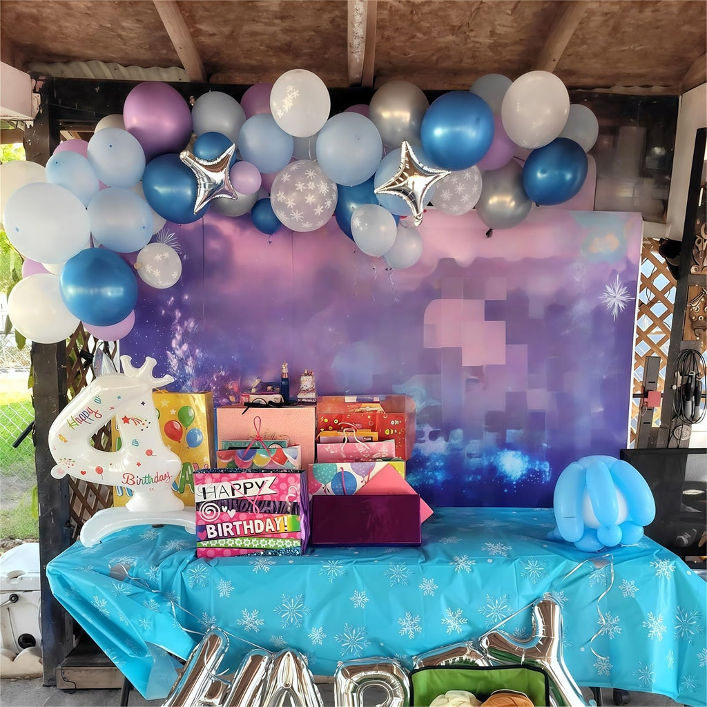 HILAVO Snowflake Balloons Set – 60 Pcs, 12in Pastel Blue & Light Purple with Metallic Silver and Snowflake Confetti