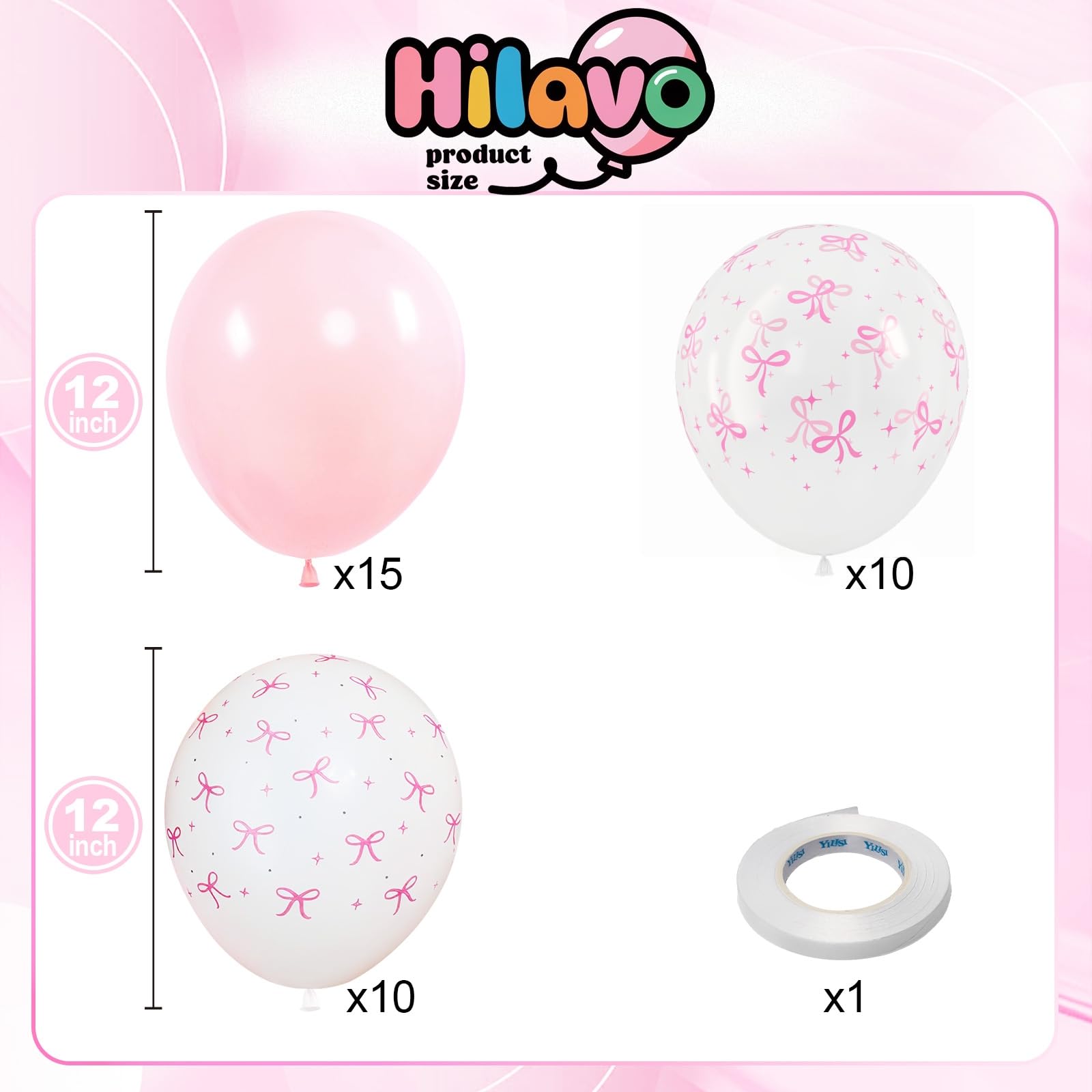 HILAVO Pink Bow Balloons – 12 Inch Pastel Pink with White & Transparent Bow Prints