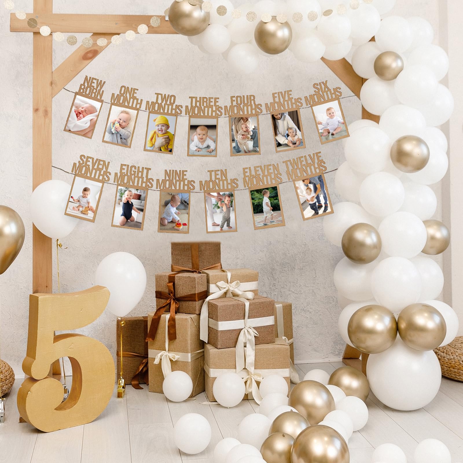 HiParty 1st Birthday Photo Banner for Baby — Milestone Garland from Newborn to 12 Months (Kraft)