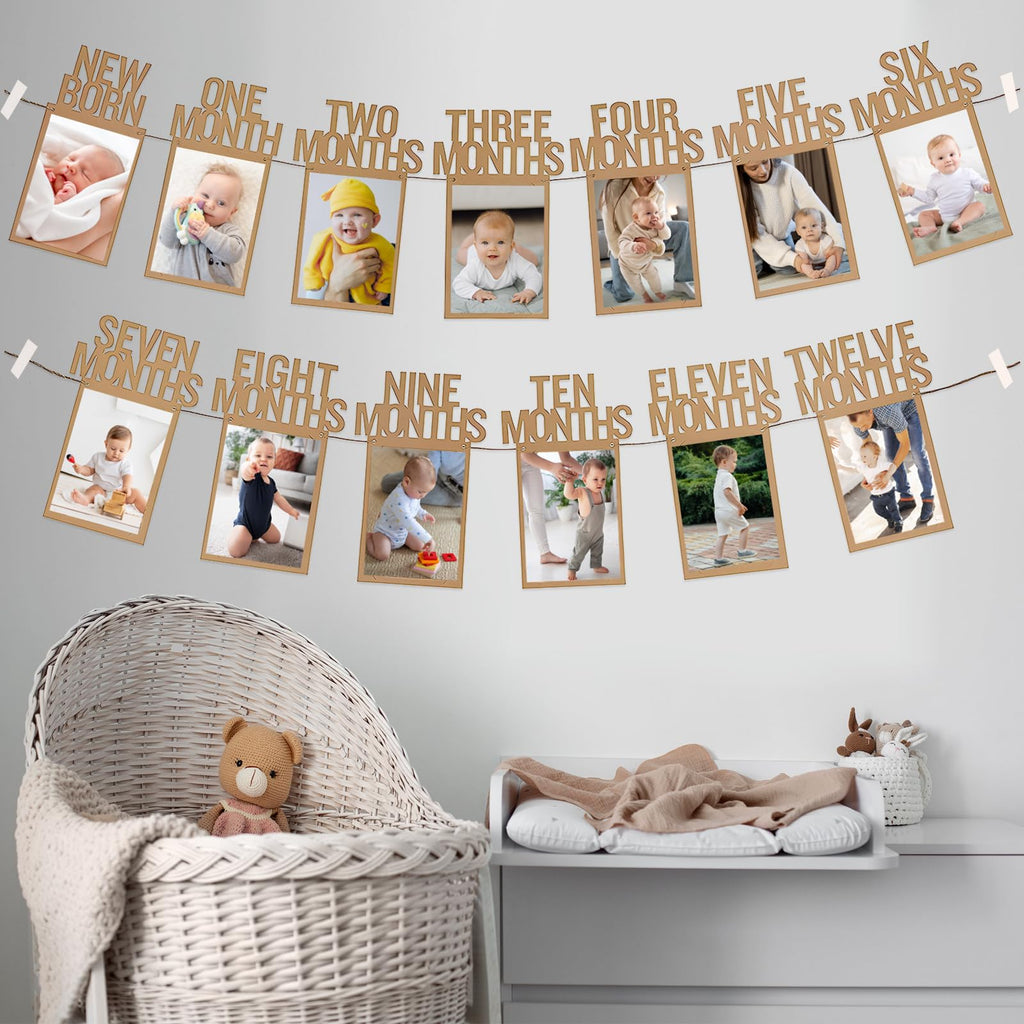 HiParty 1st Birthday Photo Banner for Baby — Milestone Garland from Newborn to 12 Months (Kraft)