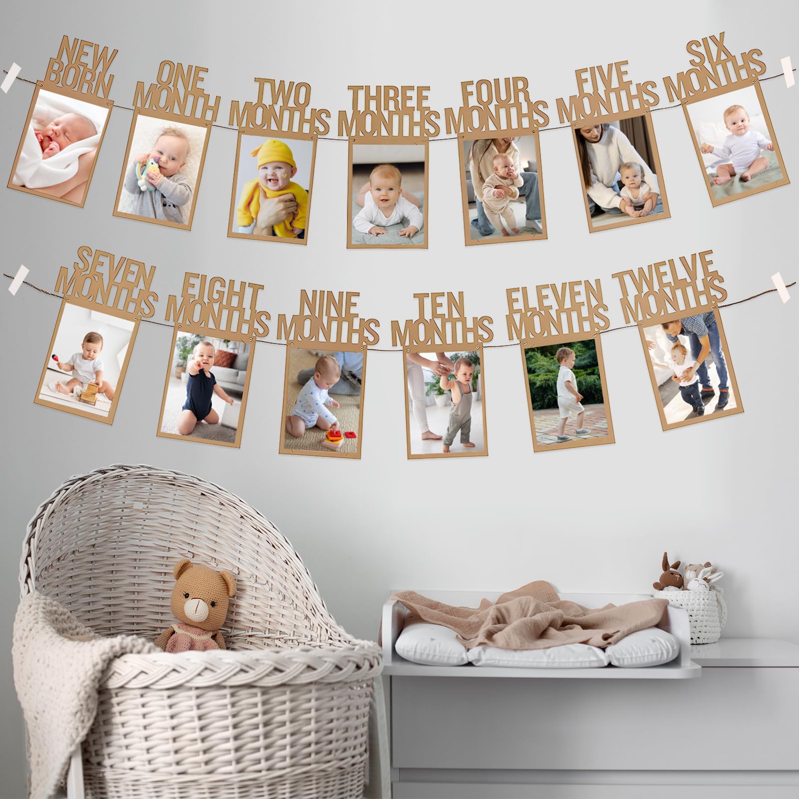 HiParty 1st Birthday Photo Banner for Baby — Milestone Garland from Newborn to 12 Months (Kraft)