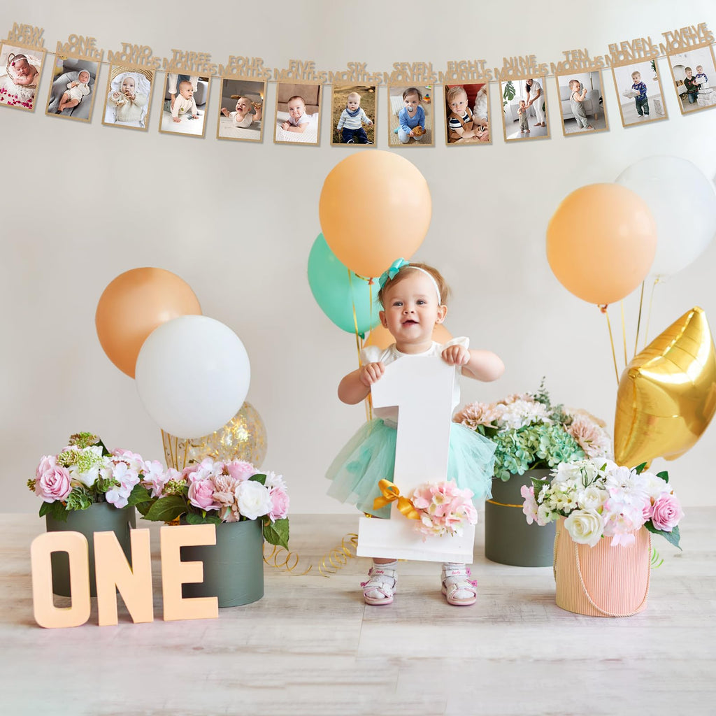 HiParty 1st Birthday Photo Banner for Baby — Milestone Garland from Newborn to 12 Months (Kraft)