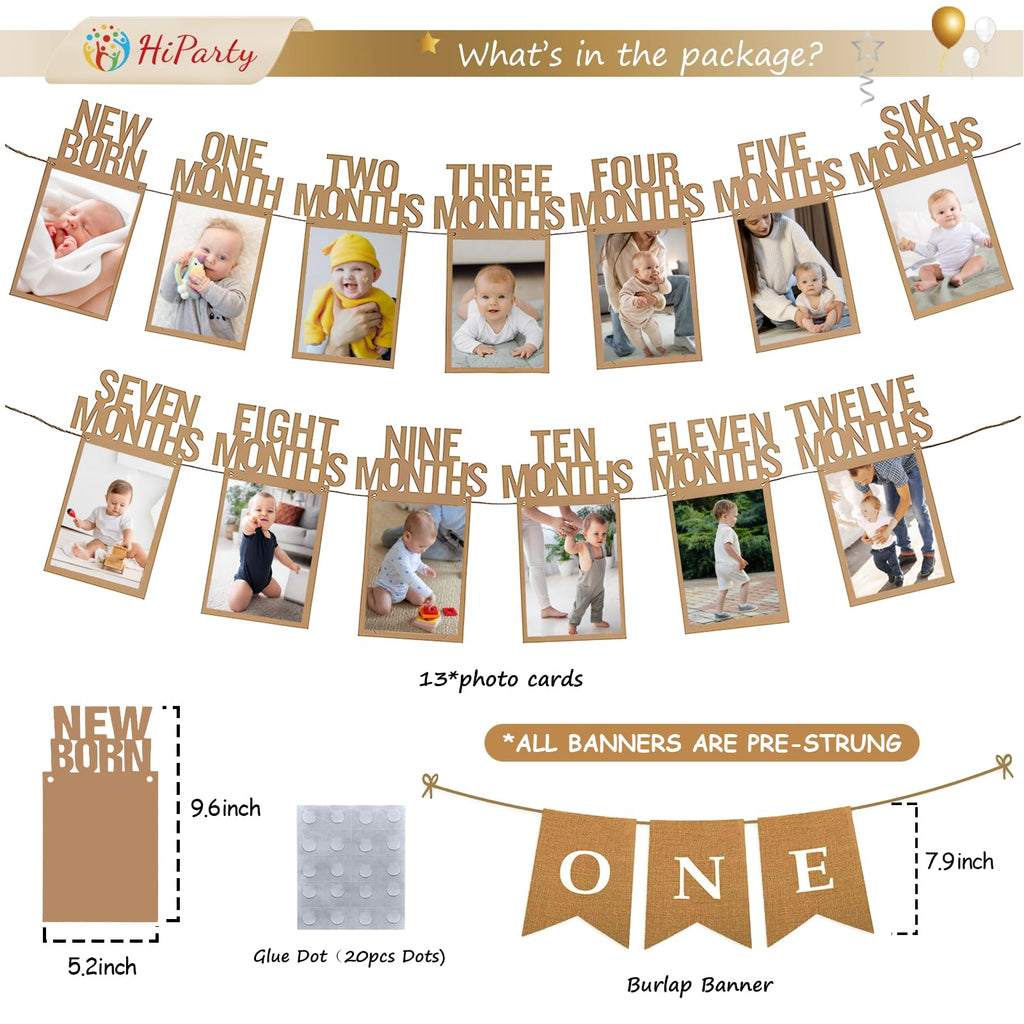 HiParty 1st Birthday Photo Banner Kit: Milestone Frames (Newborn–12 Months) + ONE Banner
