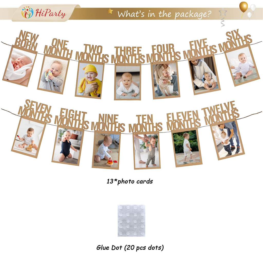 HiParty 1st Birthday Photo Banner for Baby — Milestone Garland from Newborn to 12 Months (Kraft)