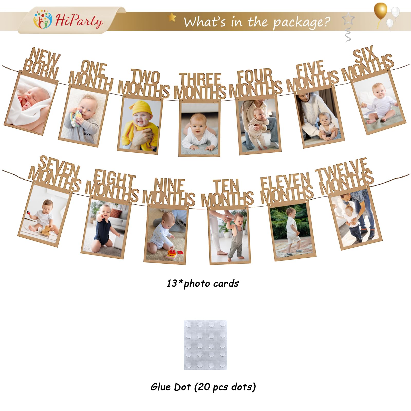 HiParty 1st Birthday Photo Banner for Baby — Milestone Garland from Newborn to 12 Months (Kraft)