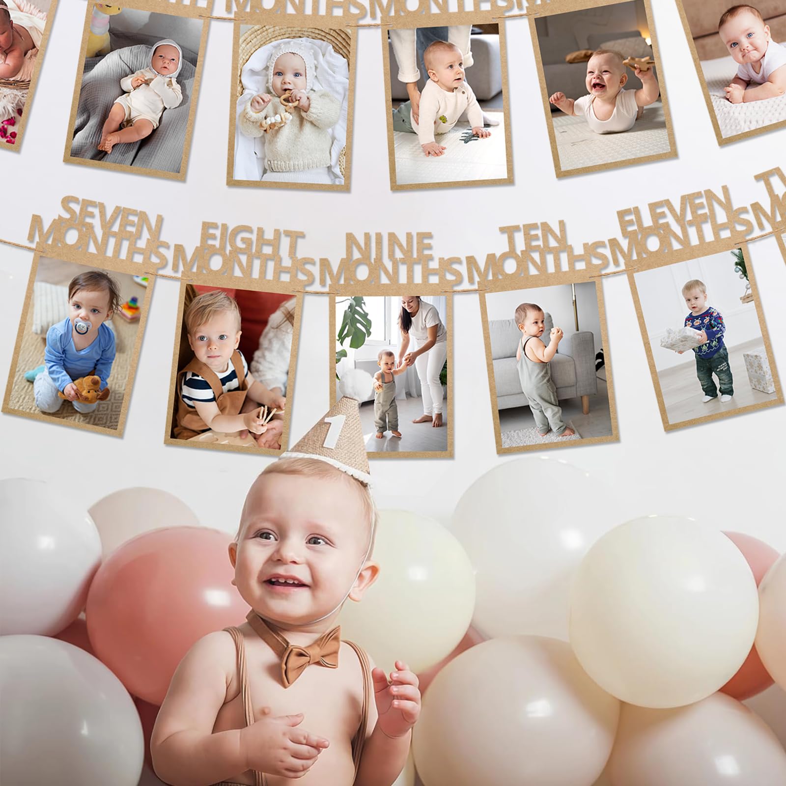 HiParty 1st Birthday Photo Banner for Baby — Milestone Garland from Newborn to 12 Months (Kraft)