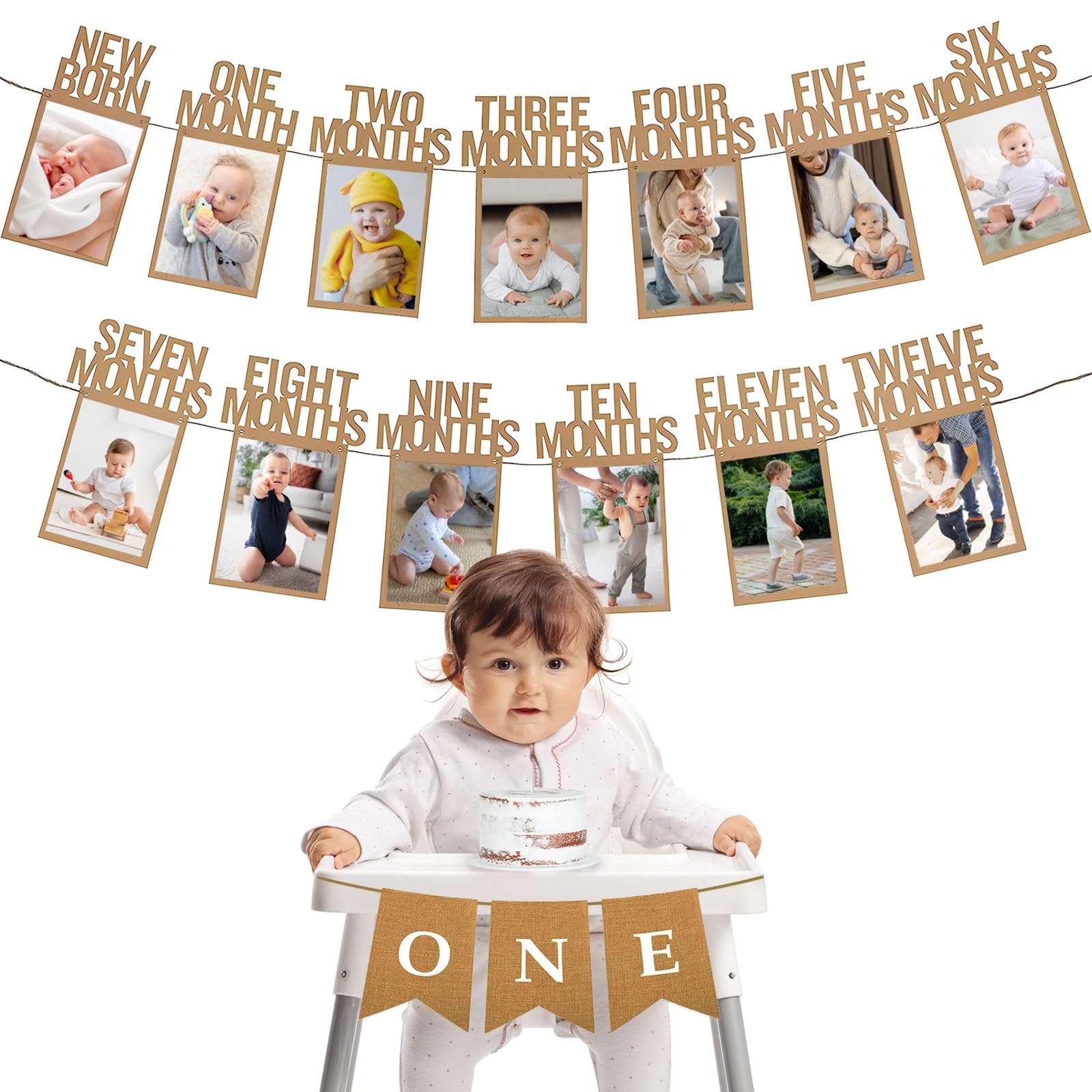 HiParty 1st Birthday Photo Banner Kit: Milestone Frames (Newborn–12 Months) + ONE Banner