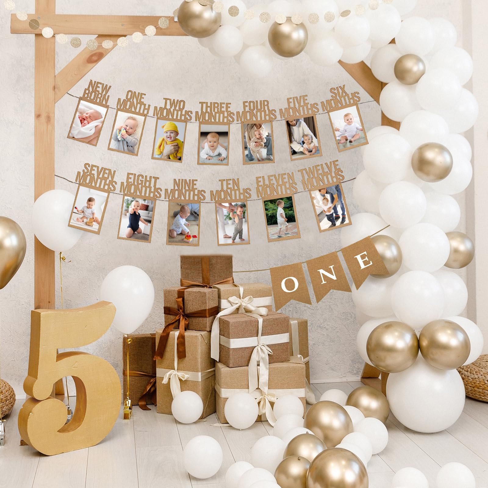 HiParty 1st Birthday Photo Banner Kit: Milestone Frames (Newborn–12 Months) + ONE Banner