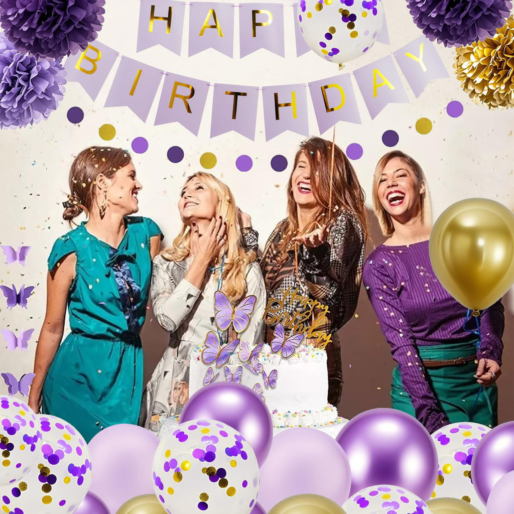 HipTree 40pcs Purple Gold Birthday Party Decorations – Banner, Balloons & More