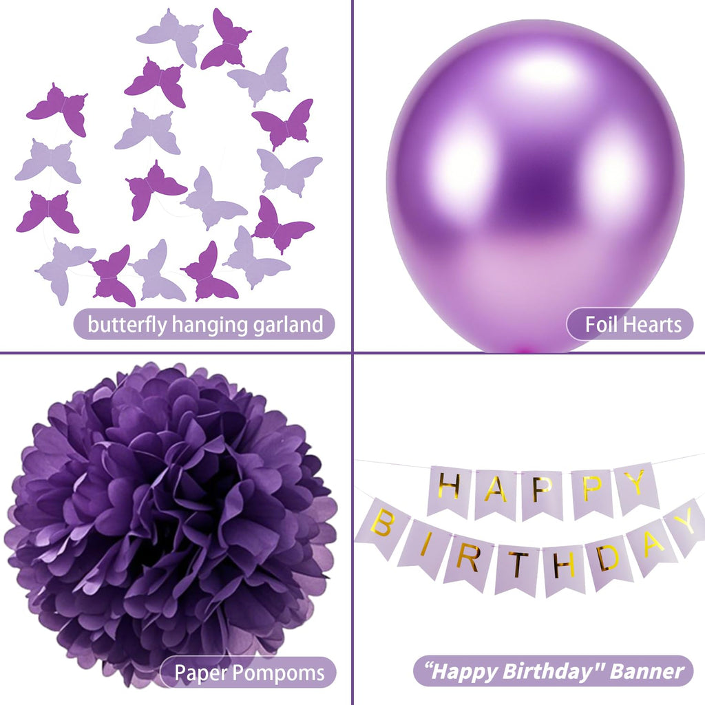 HipTree 40pcs Purple Gold Birthday Party Decorations – Banner, Balloons & More