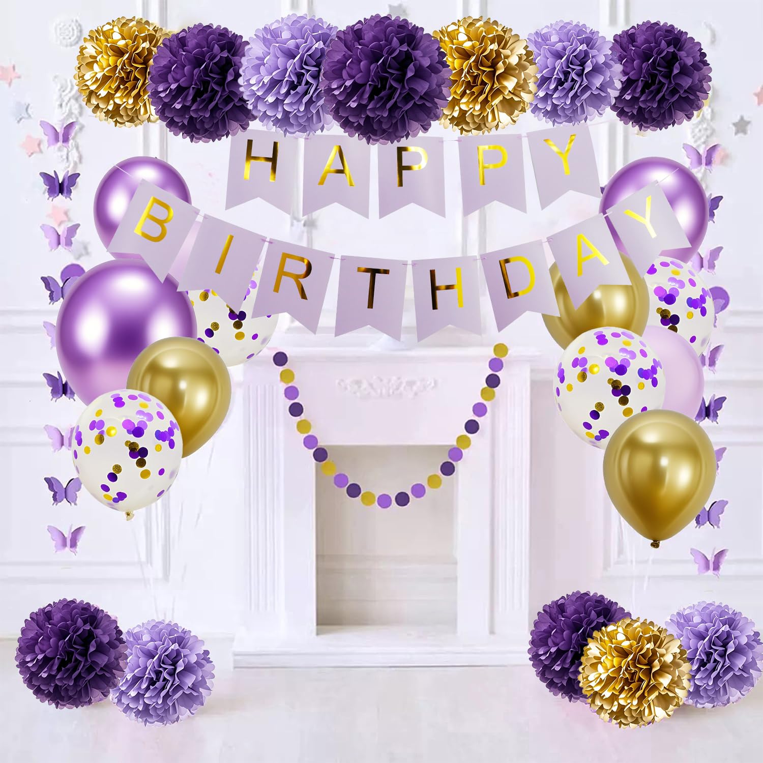 HipTree 40pcs Purple Gold Birthday Party Decorations – Banner, Balloons & More