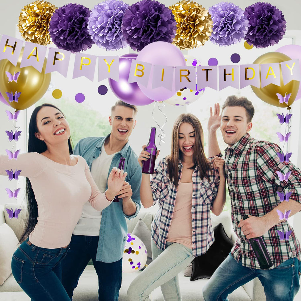 HipTree 40pcs Purple Gold Birthday Party Decorations – Banner, Balloons & More