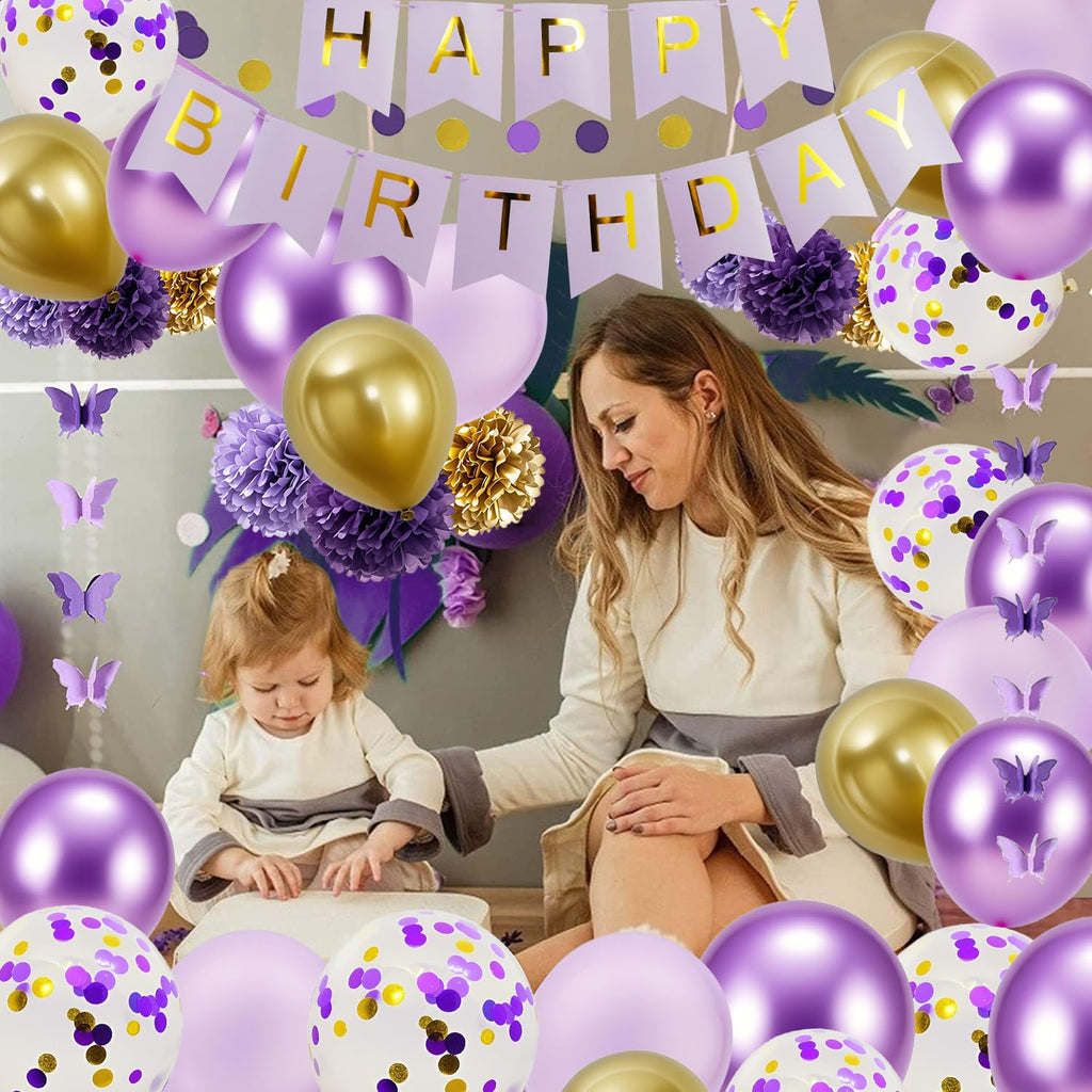 HipTree 40pcs Purple Gold Birthday Party Decorations – Banner, Balloons & More