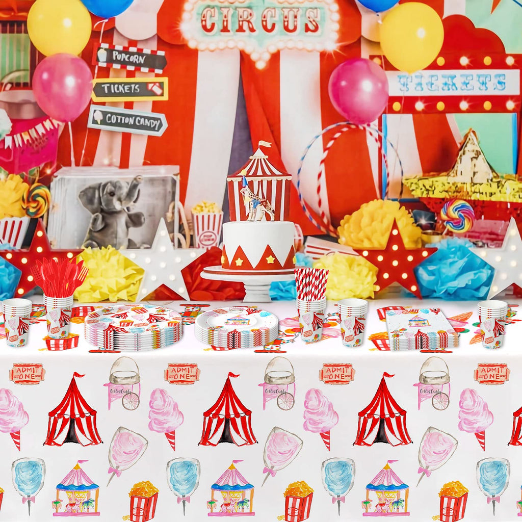 HIPVVILD Circus Carnival Theme Tablecloths – 4 Pack, 54 x 108 in